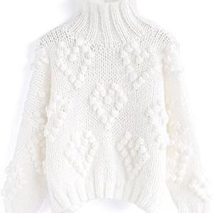 CHICWISH Women's Comfy Casual Hand Knit Long Sleeve Ivory Turtleneck Sweater XL